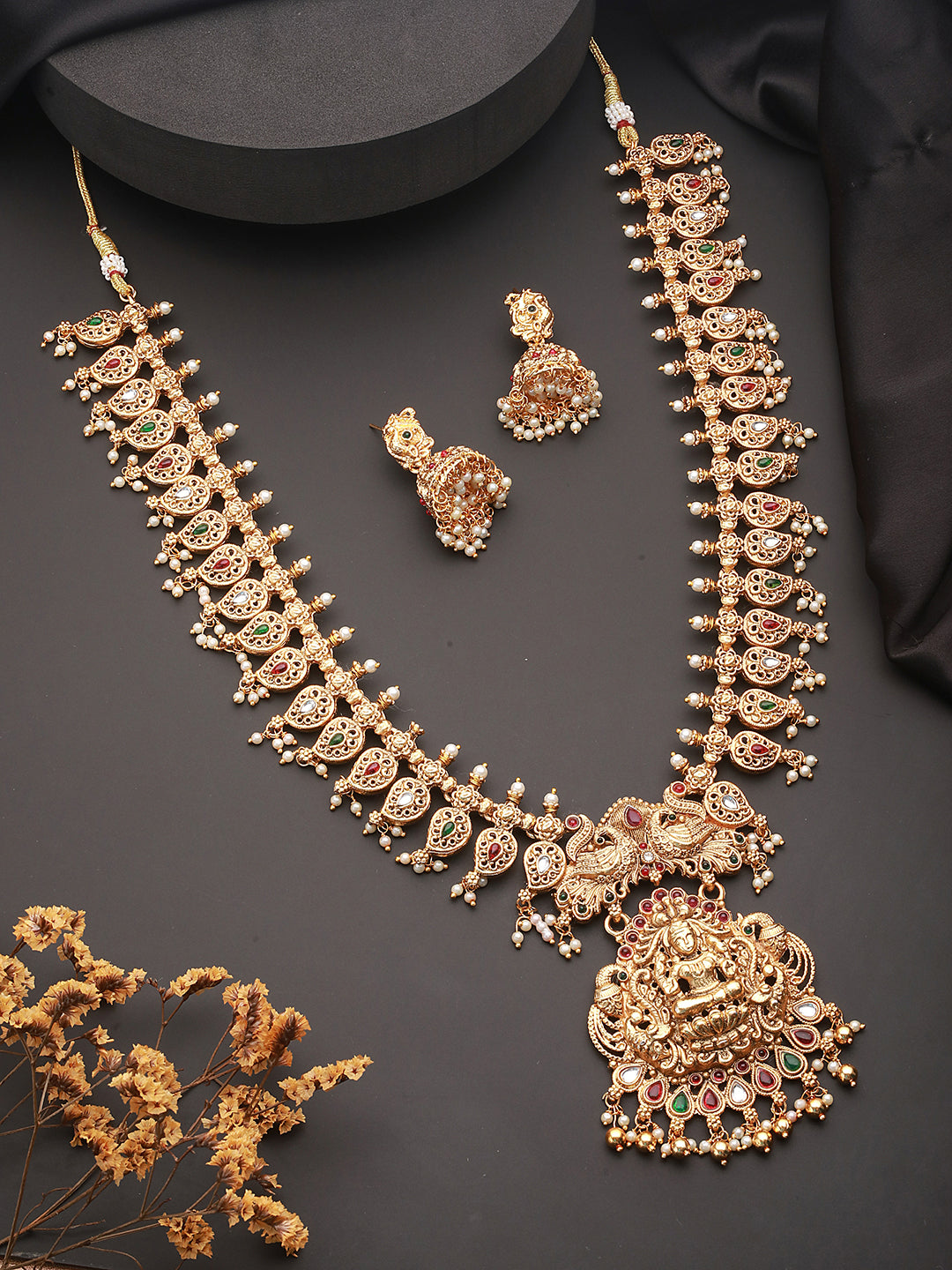 Gold Mango Pearl Drops Temple Lakshmi Devi Haram Necklace  Jewellery Set